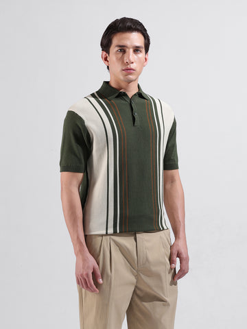 Men's Green Slim Fit Textured Flat Knit Polo Collar T-Shirt