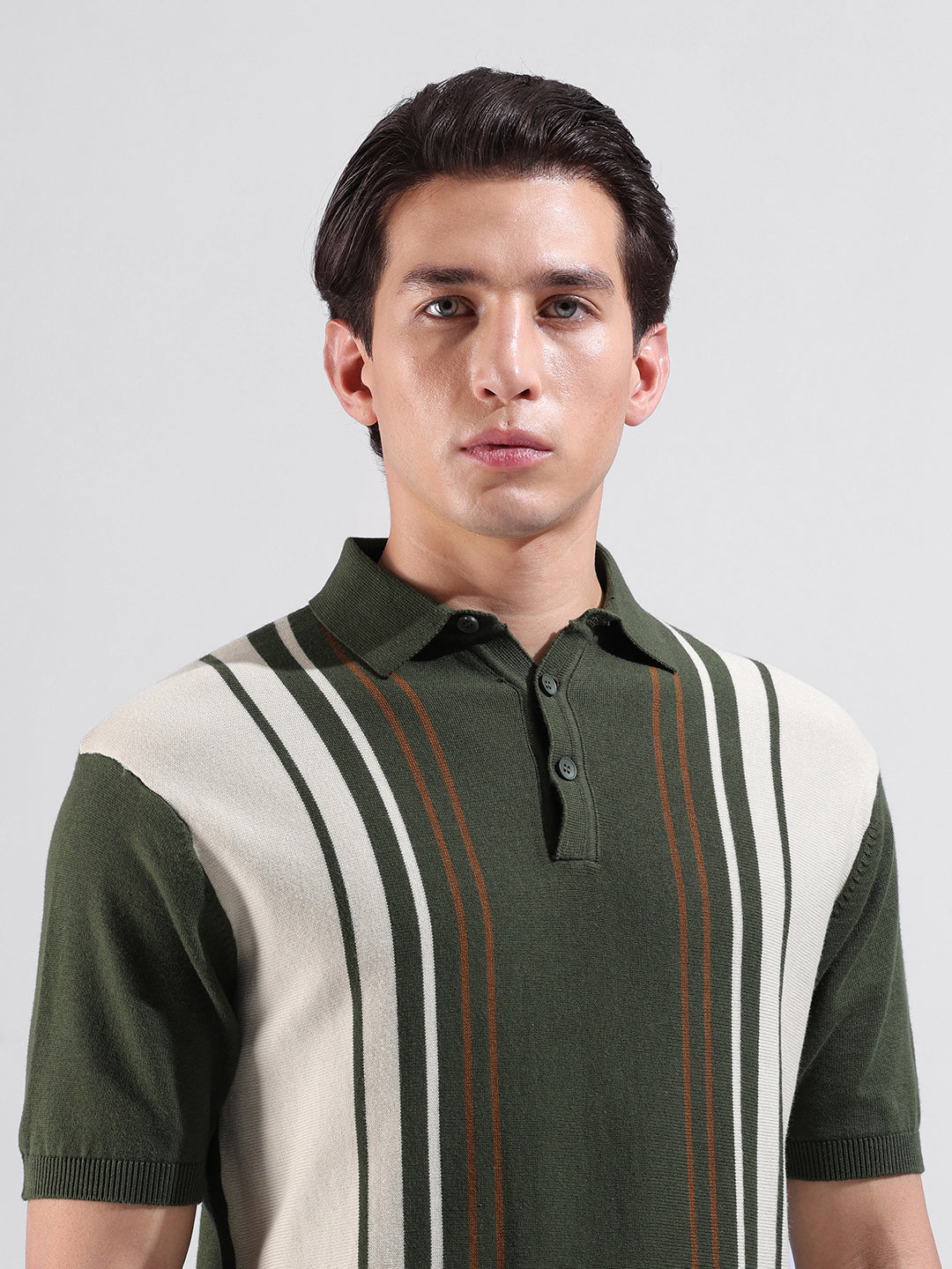 Men's Green Slim Fit Textured Flat Knit Polo Collar T-Shirt