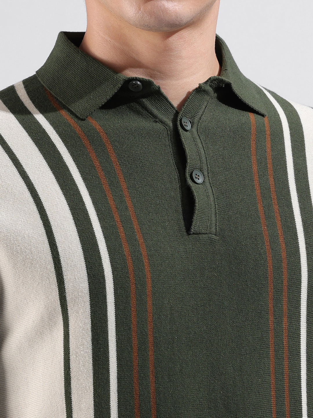 Men's Green Slim Fit Textured Flat Knit Polo Collar T-Shirt