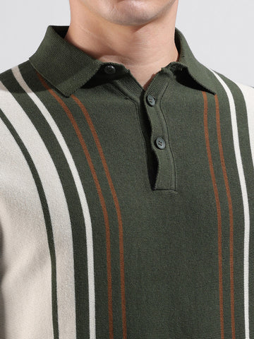 Men's Green Slim Fit Textured Flat Knit Polo Collar T-Shirt