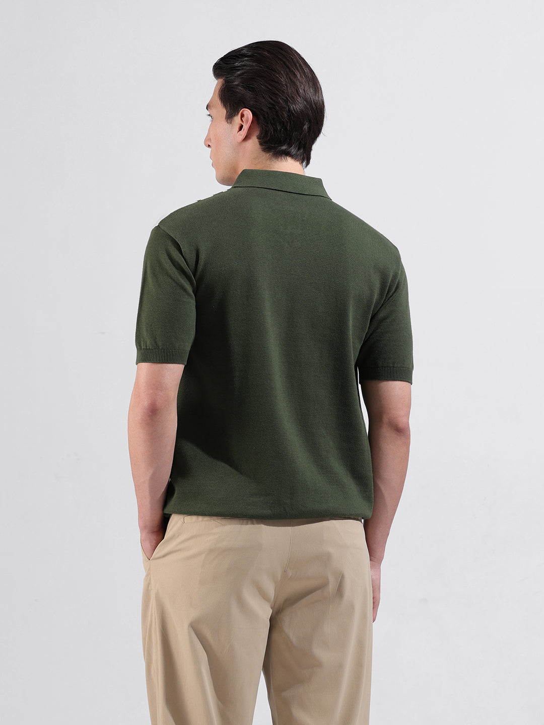 Men's Green Slim Fit Textured Flat Knit Polo Collar T-Shirt