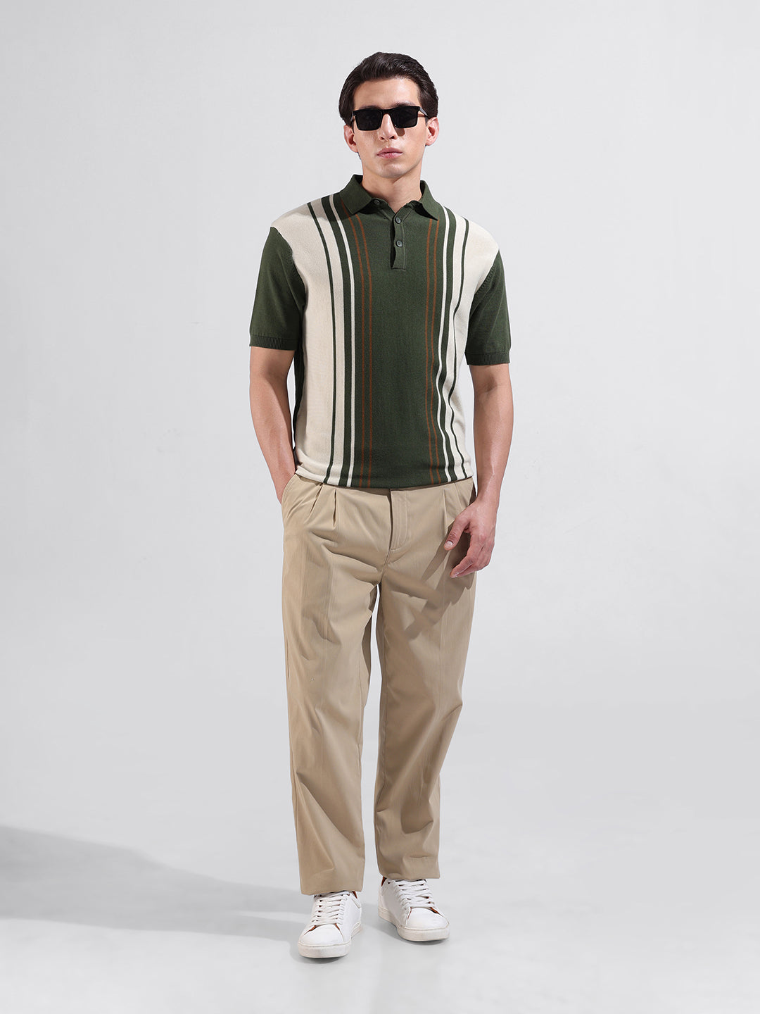 Men's Green Slim Fit Textured Flat Knit Polo Collar T-Shirt