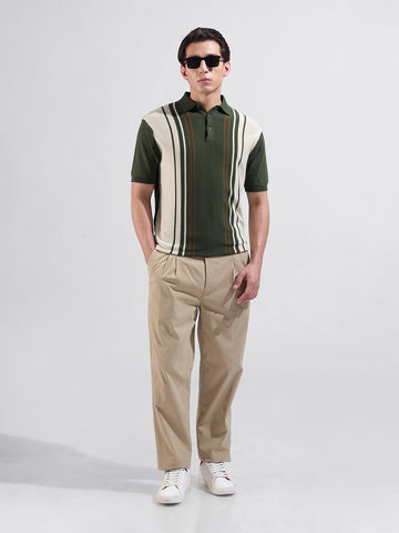 Men's Green Slim Fit Textured Flat Knit Polo Collar T-Shirt