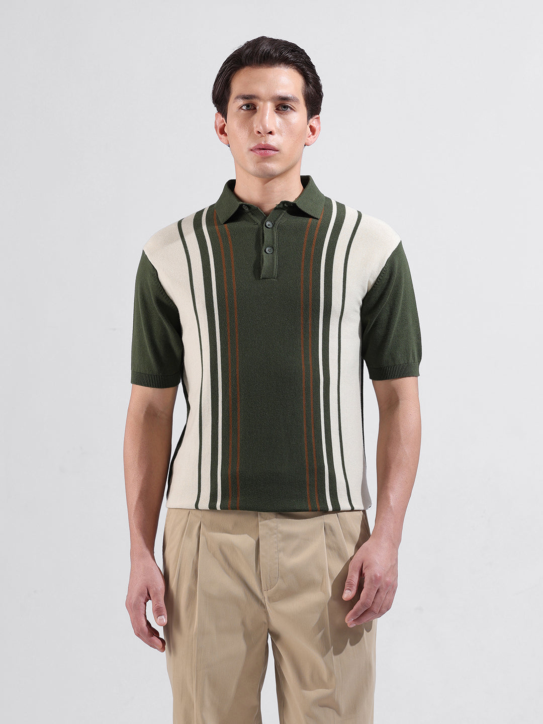 Men's Green Slim Fit Textured Flat Knit Polo Collar T-Shirt