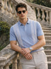Men's Blue Slim Fit Textured Flat Knit Polo Collar T-Shirt