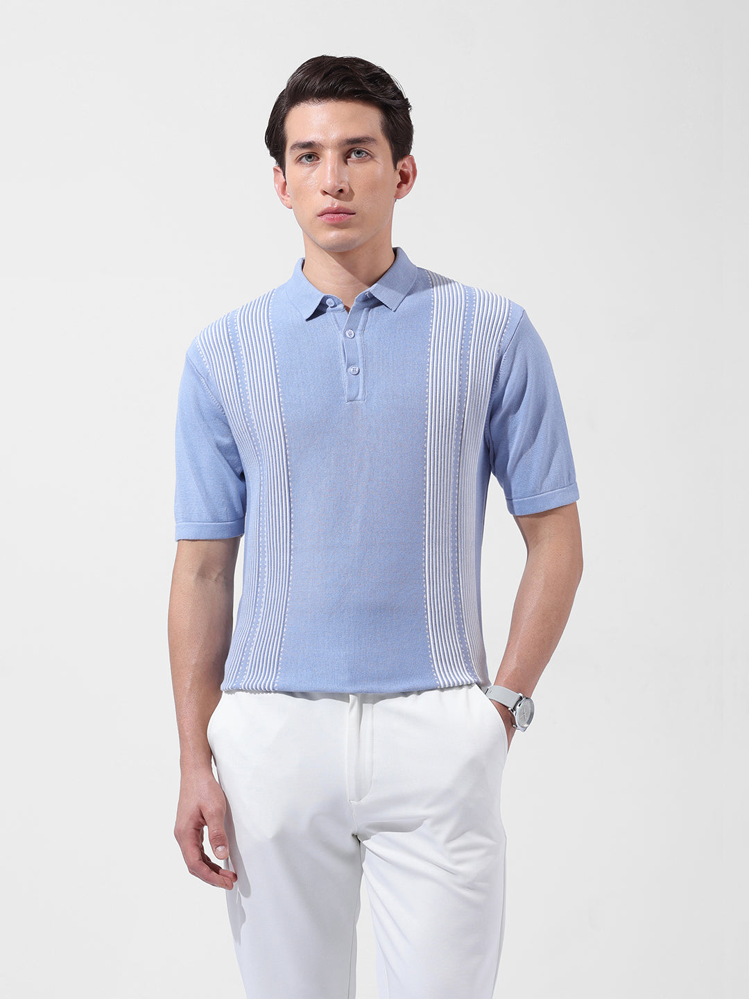 Men's Blue Slim Fit Textured Flat Knit Polo Collar T-Shirt