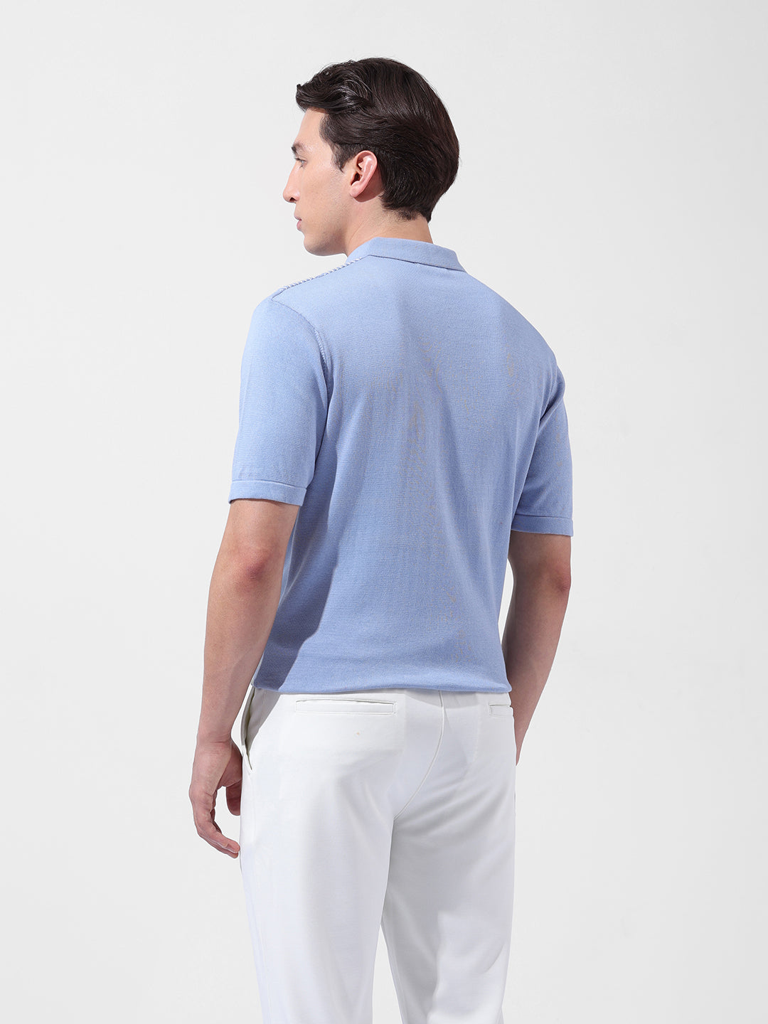Men's Blue Slim Fit Textured Flat Knit Polo Collar T-Shirt