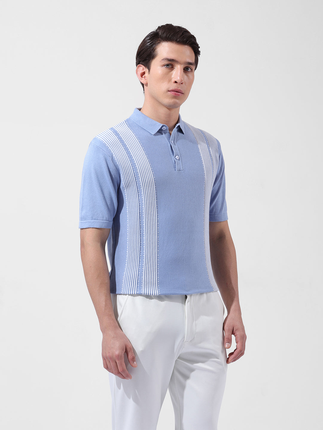 Men's Blue Slim Fit Textured Flat Knit Polo Collar T-Shirt