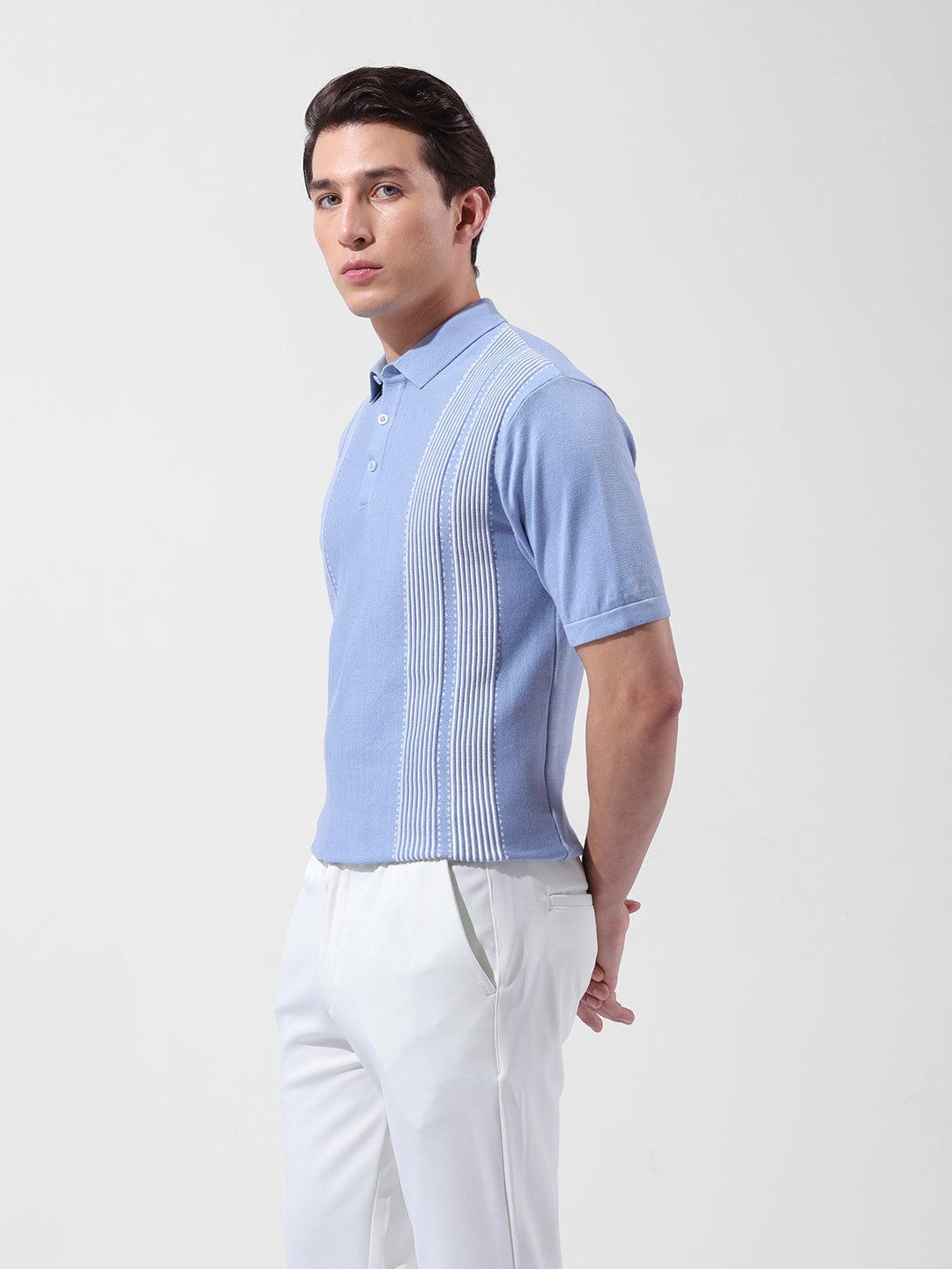 Men's Blue Slim Fit Textured Flat Knit Polo Collar T-Shirt