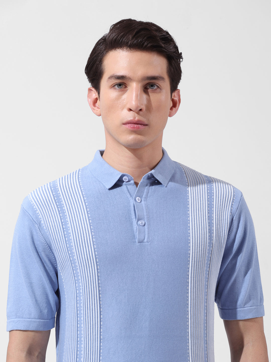 Men's Blue Slim Fit Textured Flat Knit Polo Collar T-Shirt