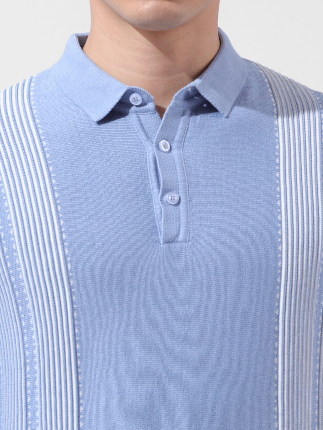 Men's Blue Slim Fit Textured Flat Knit Polo Collar T-Shirt
