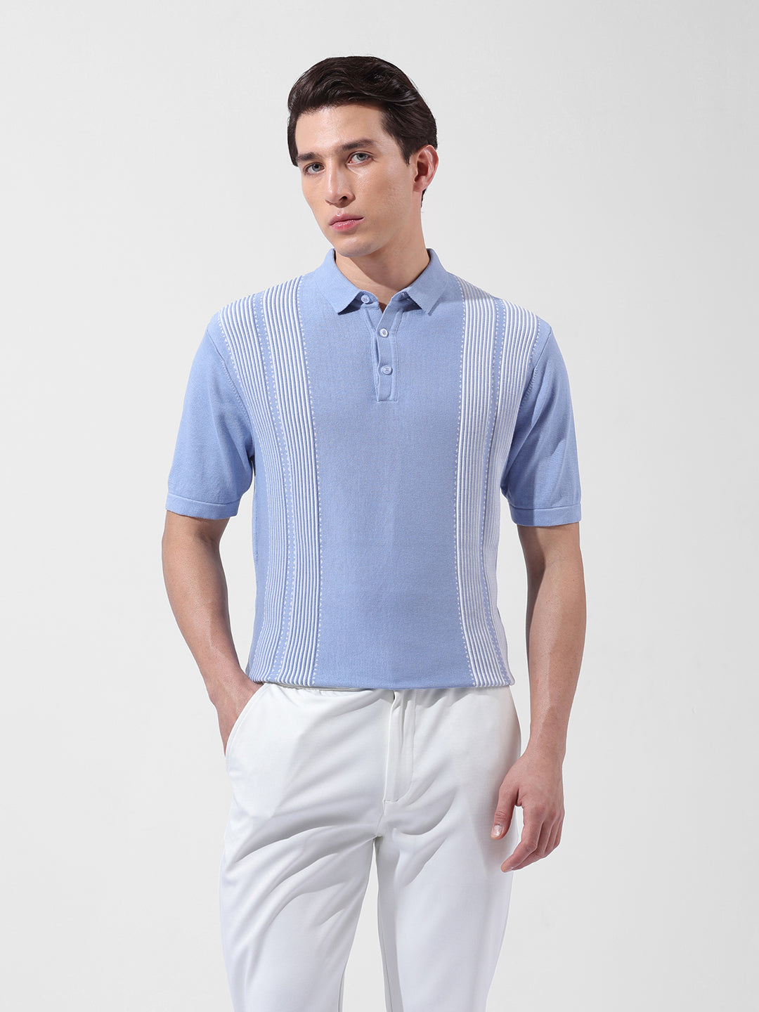 Men's Blue Slim Fit Textured Flat Knit Polo Collar T-Shirt