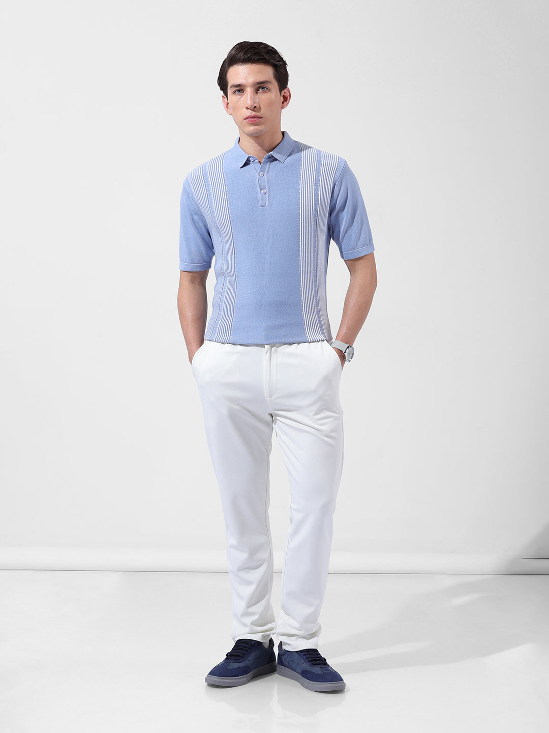 Men's Blue Slim Fit Textured Flat Knit Polo Collar T-Shirt