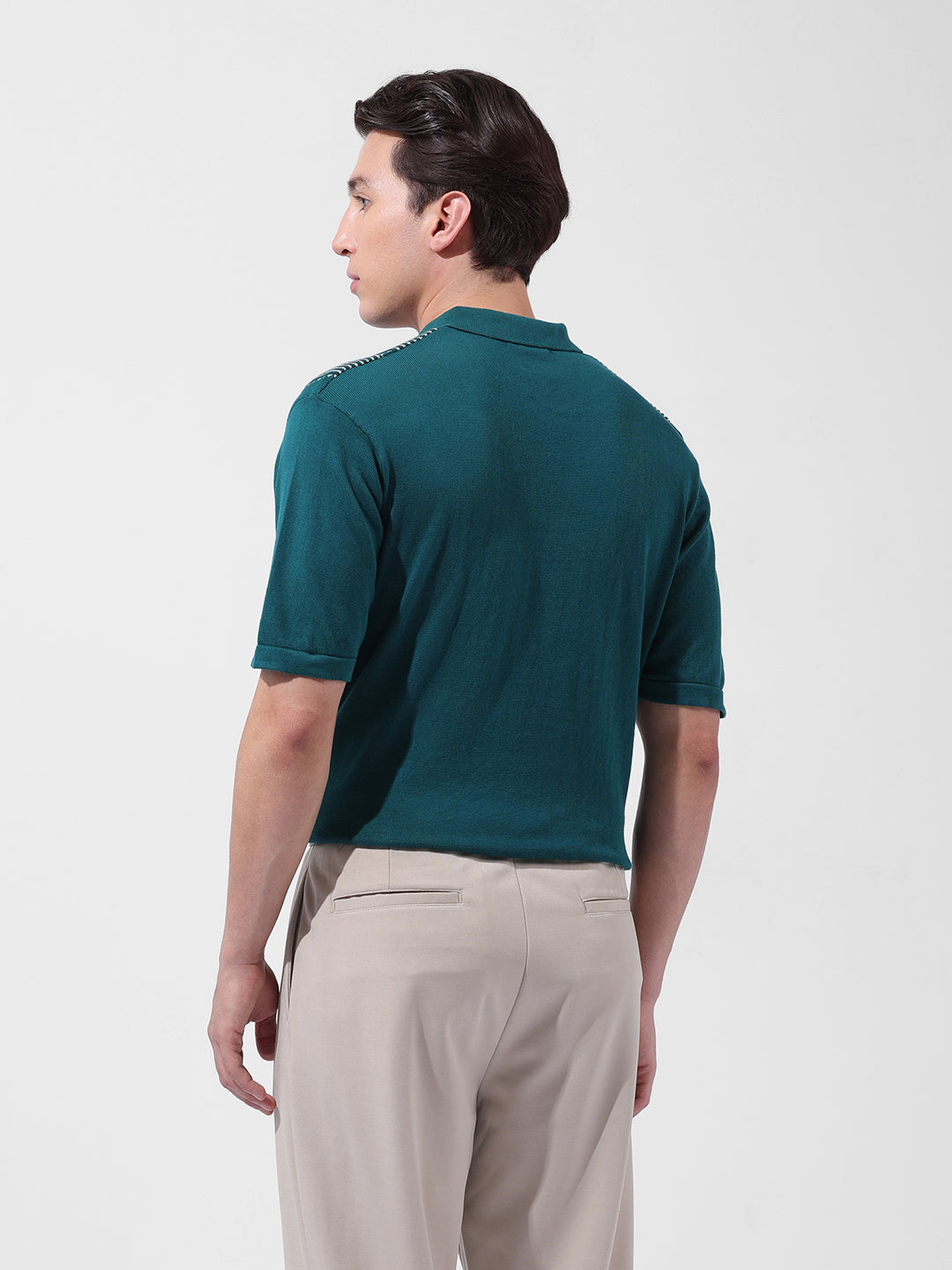 Men's Teal Slim Fit Textured Flat Knit Polo Collar T-Shirt