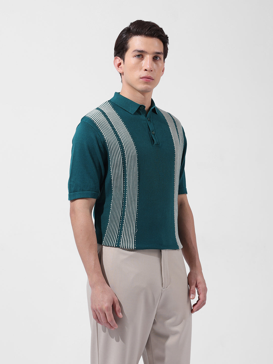 Men's Teal Slim Fit Textured Flat Knit Polo Collar T-Shirt