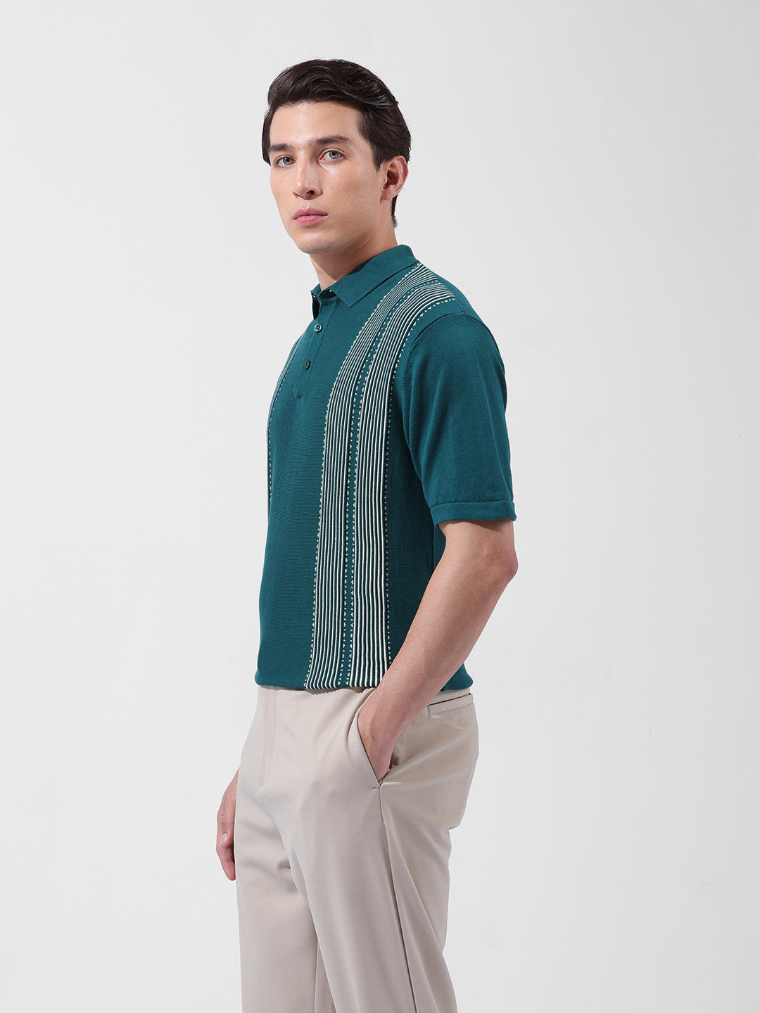 Men's Teal Slim Fit Textured Flat Knit Polo Collar T-Shirt