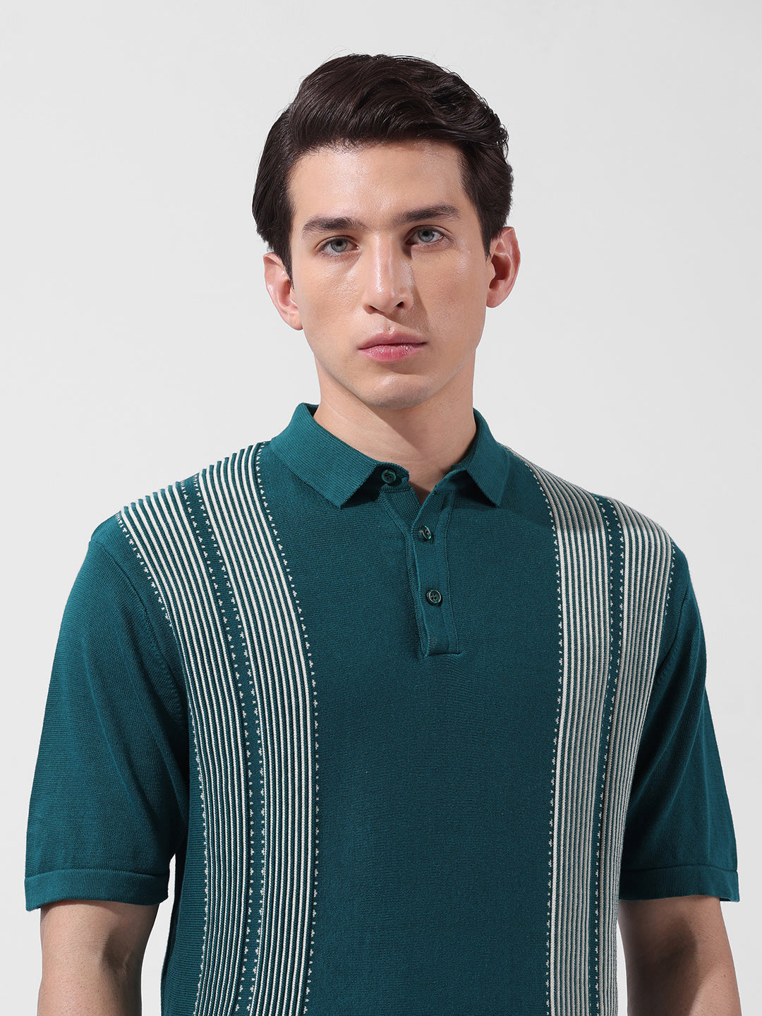 Men's Teal Slim Fit Textured Flat Knit Polo Collar T-Shirt