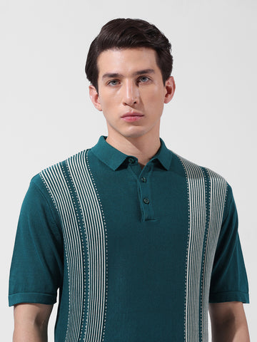 Men's Teal Slim Fit Textured Flat Knit Polo Collar T-Shirt