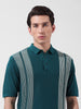 Men's Teal Slim Fit Textured Flat Knit Polo Collar T-Shirt