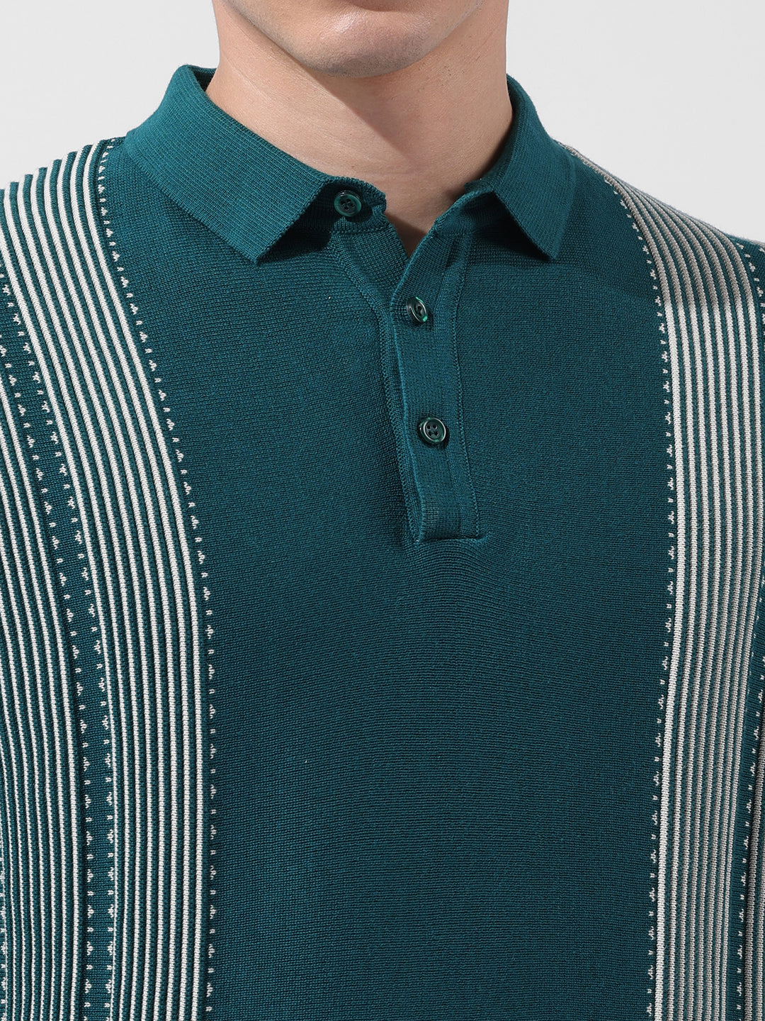 Men's Teal Slim Fit Textured Flat Knit Polo Collar T-Shirt