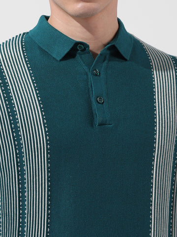 Men's Teal Slim Fit Textured Flat Knit Polo Collar T-Shirt