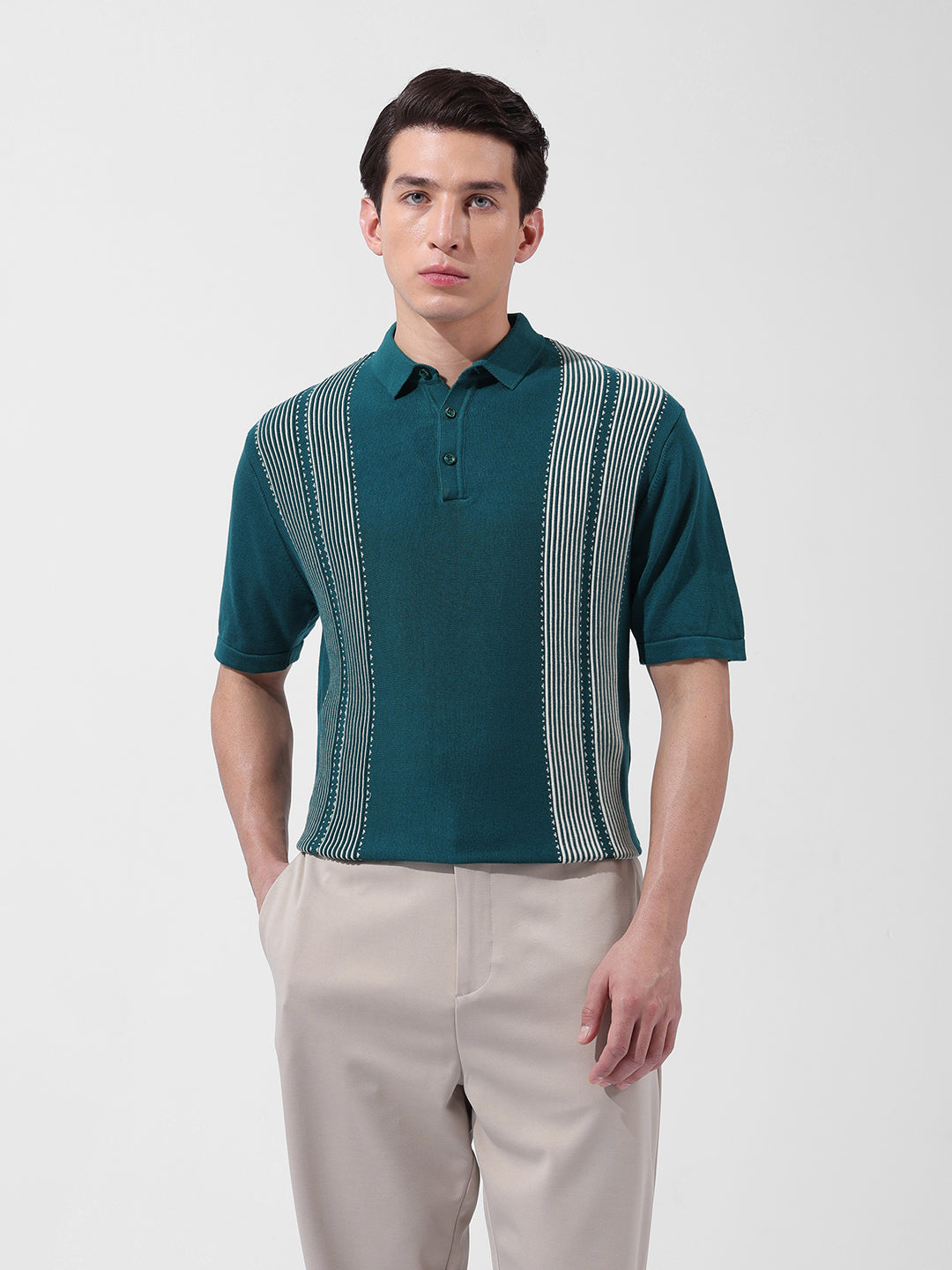 Men's Teal Slim Fit Textured Flat Knit Polo Collar T-Shirt