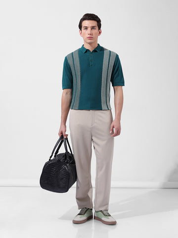 Men's Teal Slim Fit Textured Flat Knit Polo Collar T-Shirt