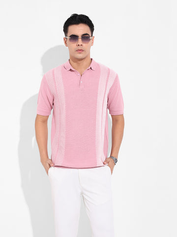 Men's Pink Slim Fit Textured Flat Knit Polo Collar T-Shirt