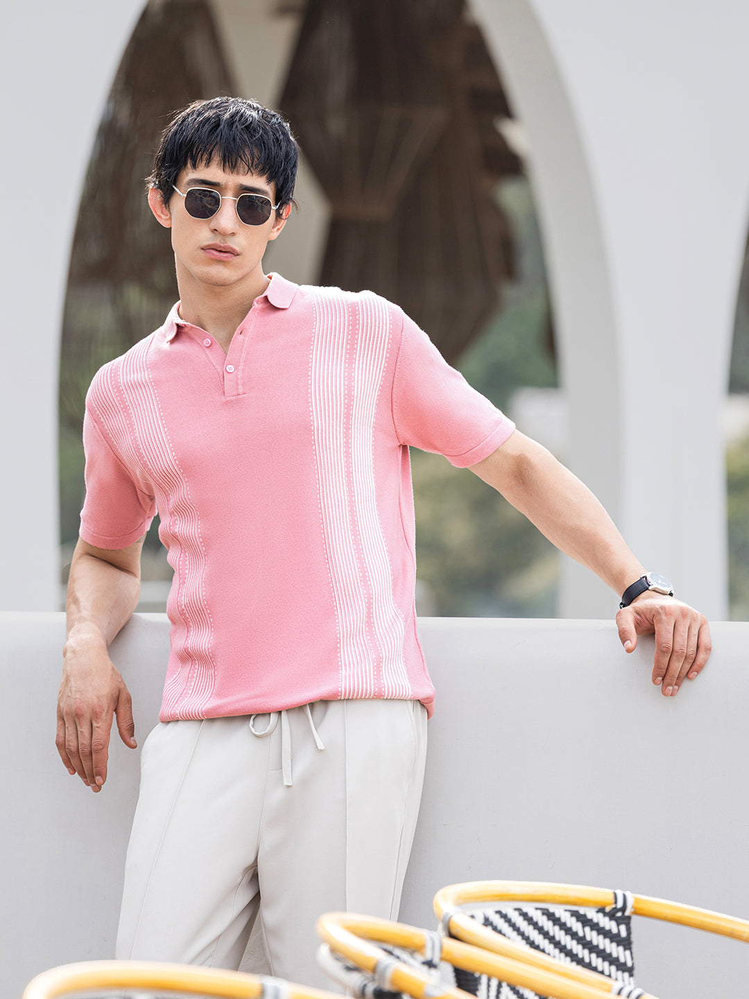 Men's Pink Slim Fit Textured Flat Knit Polo Collar T-Shirt