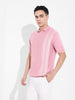 Men's Pink Slim Fit Textured Flat Knit Polo Collar T-Shirt