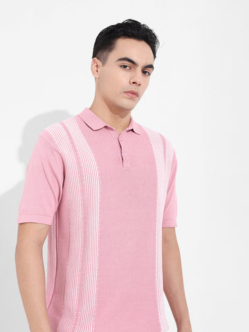 Men's Pink Slim Fit Textured Flat Knit Polo Collar T-Shirt