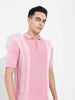 Men's Pink Slim Fit Textured Flat Knit Polo Collar T-Shirt