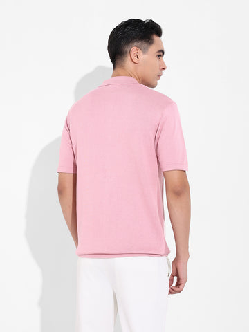 Men's Pink Slim Fit Textured Flat Knit Polo Collar T-Shirt