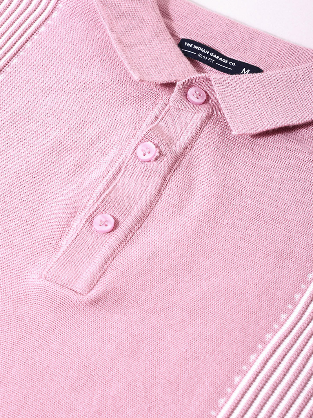 Men's Pink Slim Fit Textured Flat Knit Polo Collar T-Shirt