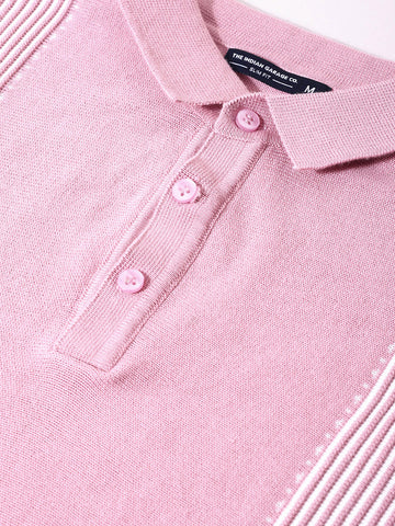 Men's Pink Slim Fit Textured Flat Knit Polo Collar T-Shirt