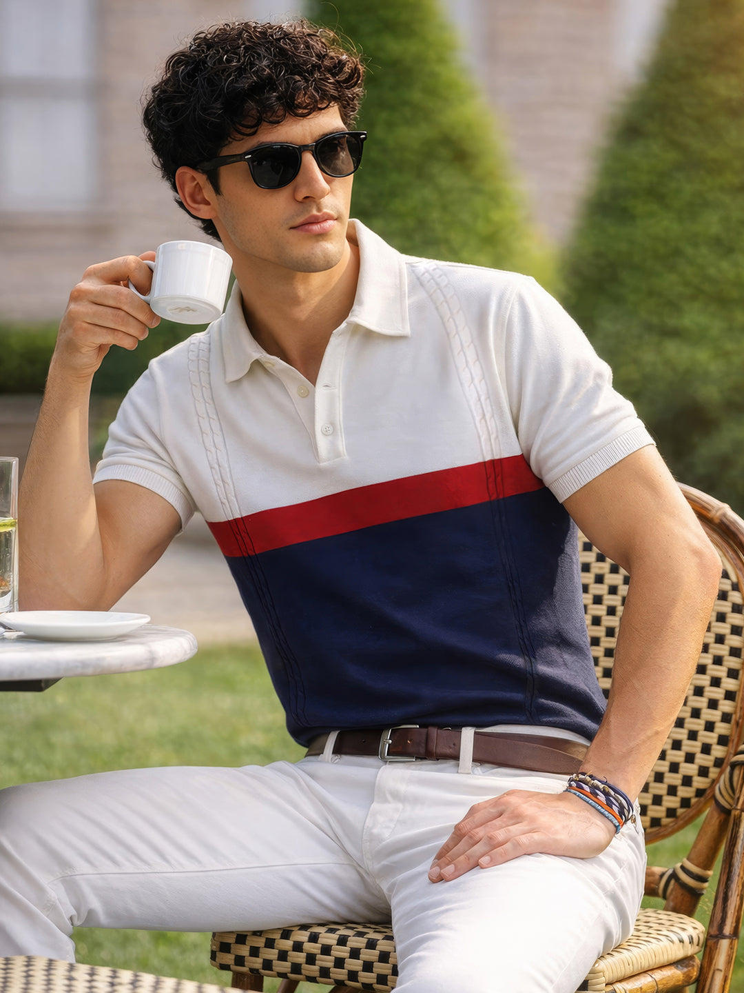 Men's White Slim Fit Textured Flat Knit Polo Collar T-Shirt