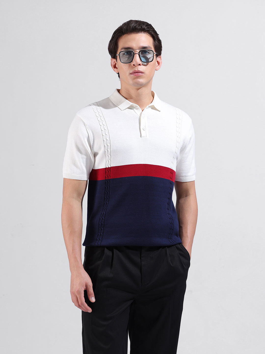 Men's White Slim Fit Textured Flat Knit Polo Collar T-Shirt