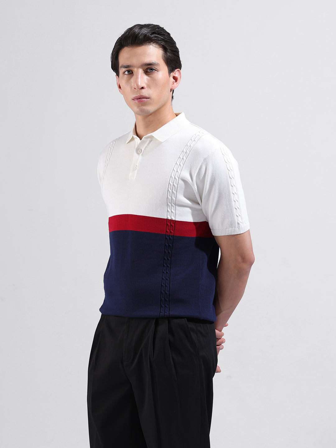 Men's White Slim Fit Textured Flat Knit Polo Collar T-Shirt
