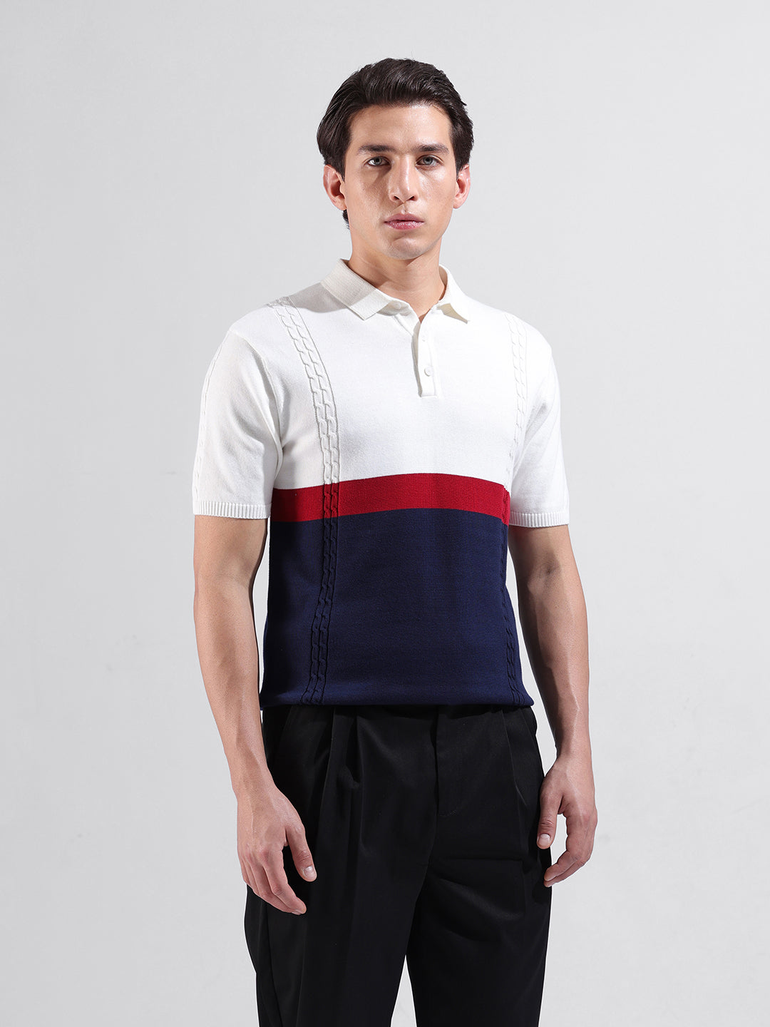 Men's White Slim Fit Textured Flat Knit Polo Collar T-Shirt