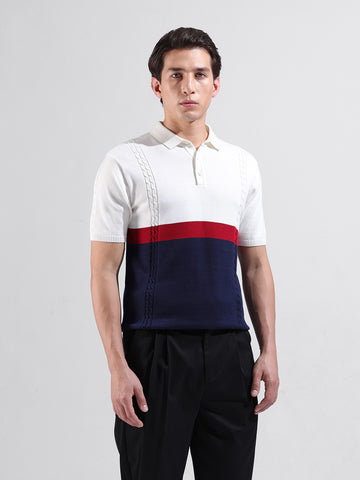 Men's White Slim Fit Textured Flat Knit Polo Collar T-Shirt
