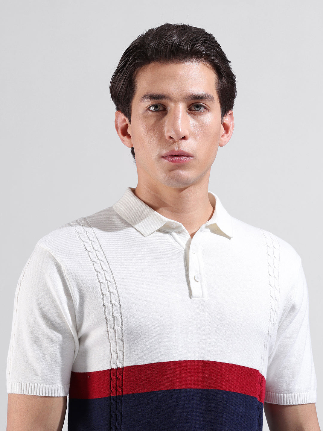 Men's White Slim Fit Textured Flat Knit Polo Collar T-Shirt