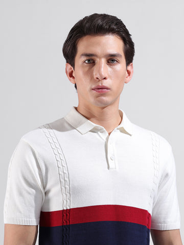 Men's White Slim Fit Textured Flat Knit Polo Collar T-Shirt