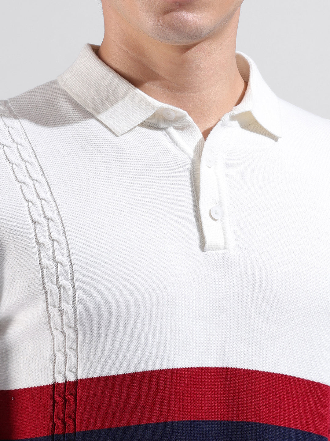 Men's White Slim Fit Textured Flat Knit Polo Collar T-Shirt