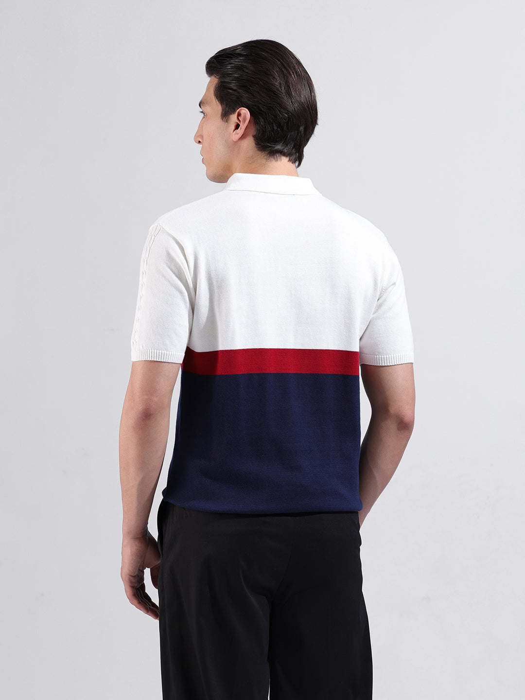 Men's White Slim Fit Textured Flat Knit Polo Collar T-Shirt