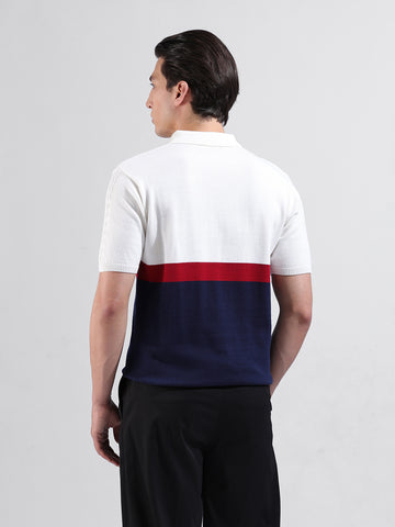 Men's White Slim Fit Textured Flat Knit Polo Collar T-Shirt