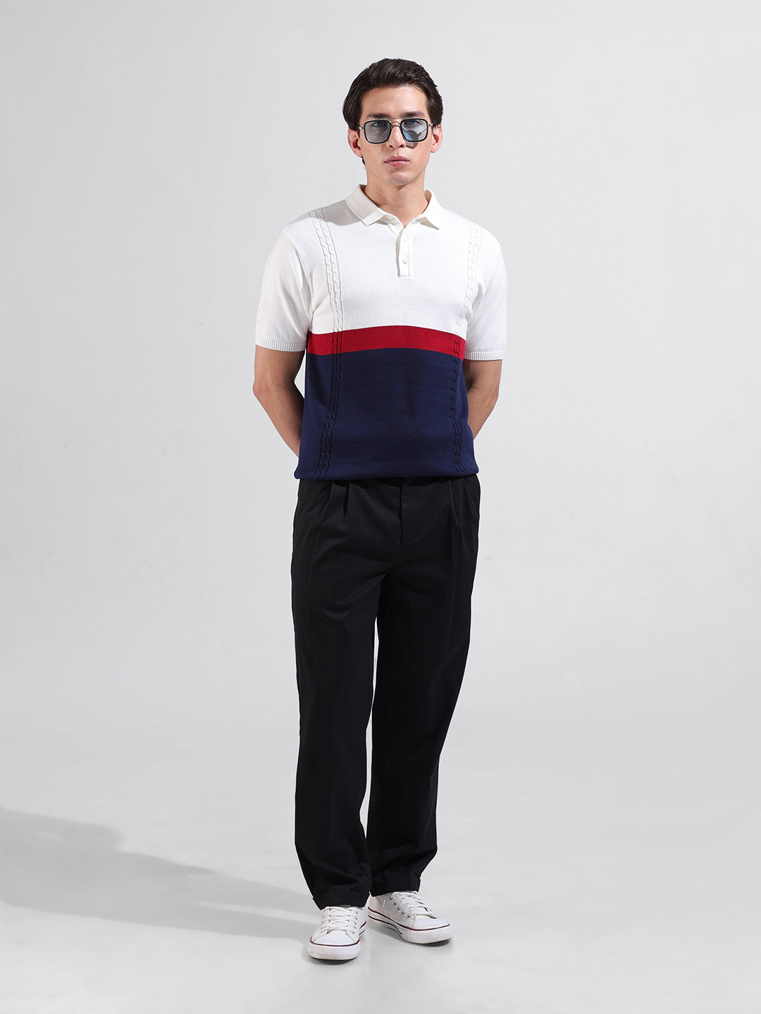 Men's White Slim Fit Textured Flat Knit Polo Collar T-Shirt