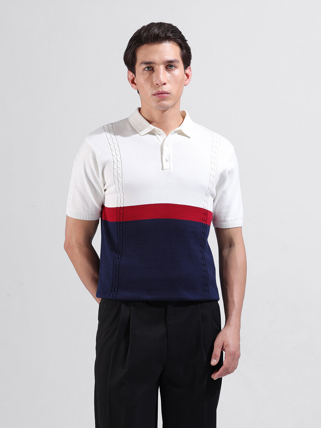 Men's White Slim Fit Textured Flat Knit Polo Collar T-Shirt