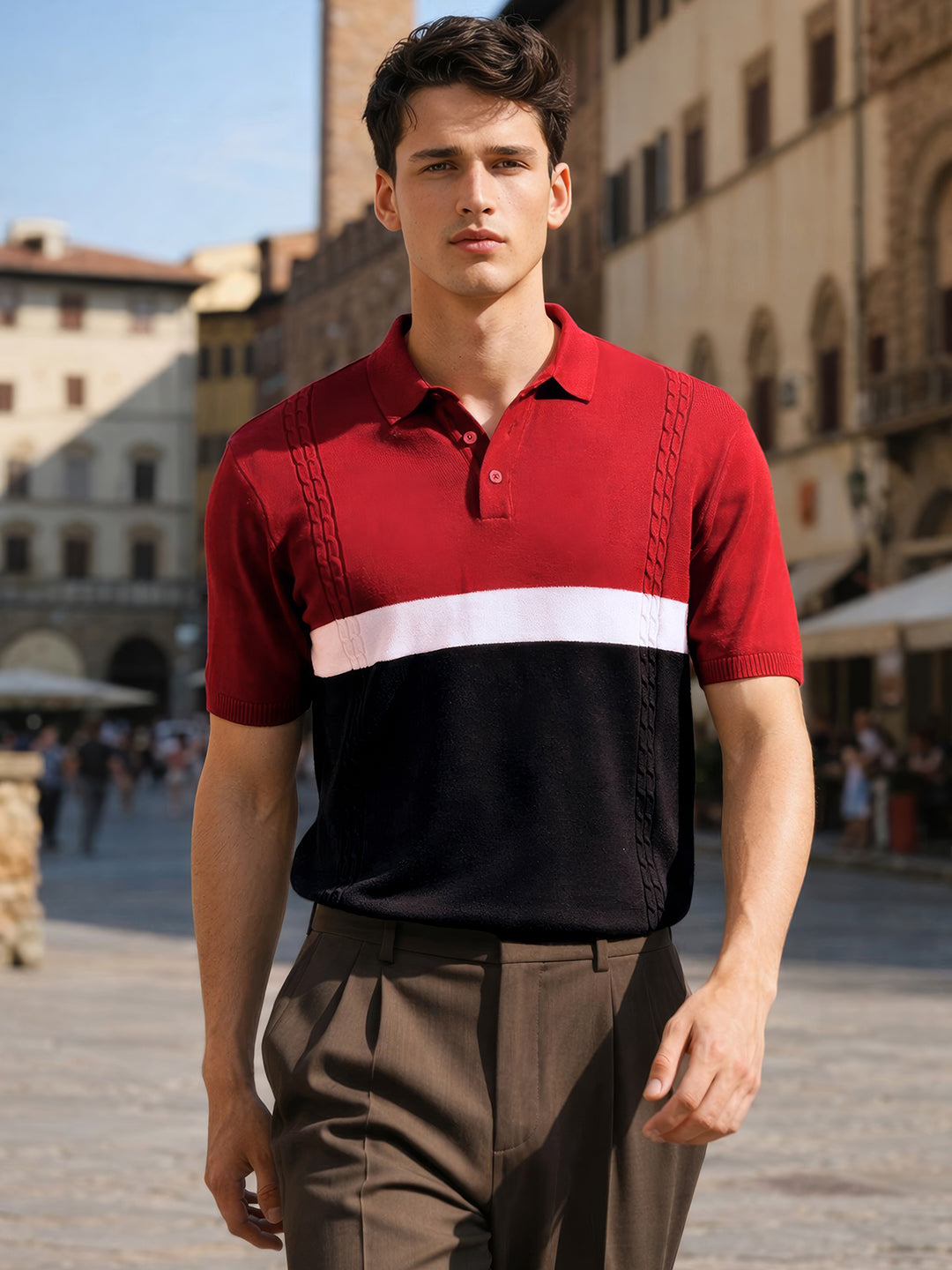Men's Red Slim Fit Textured Flat Knit Polo Collar T-Shirt