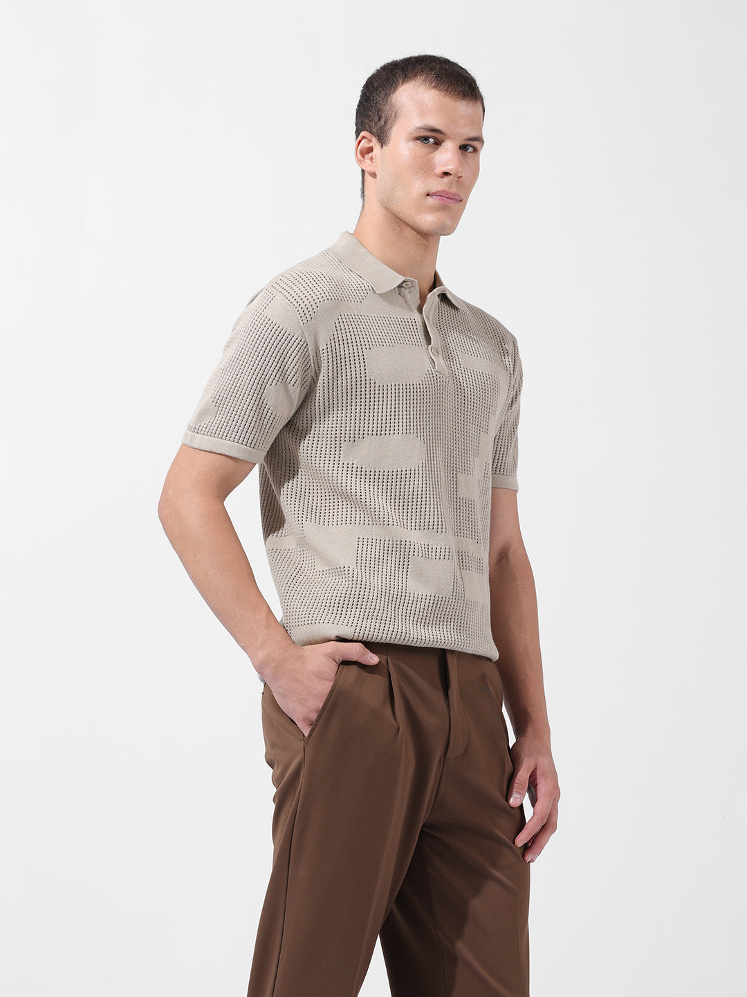 Men's Beige Slim Fit Textured Flat Knit Polo Collar T-Shirt