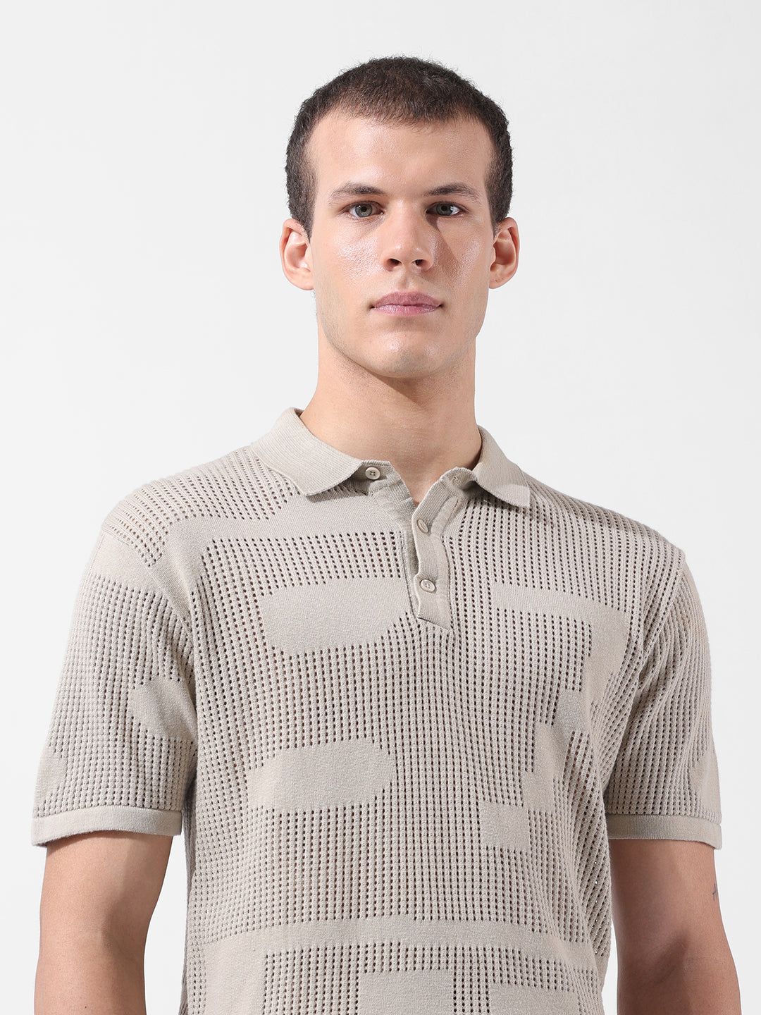 Men's Beige Slim Fit Textured Flat Knit Polo Collar T-Shirt
